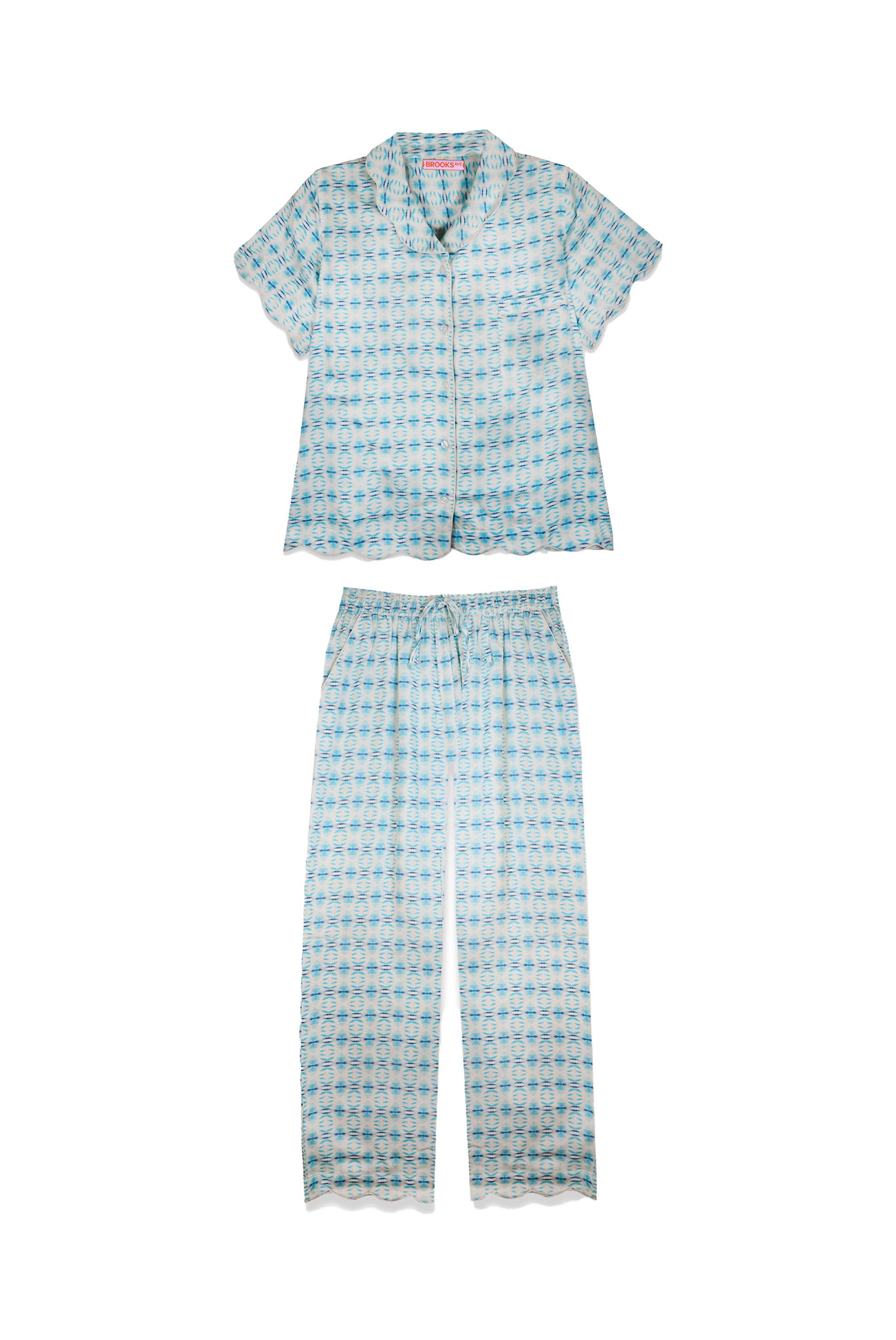 Women's Scalloped Pajama Set - Long Pants & Short Sleeve Top in Cameron Blue | Soft Sleepwear for Lounge & Relaxation at Home