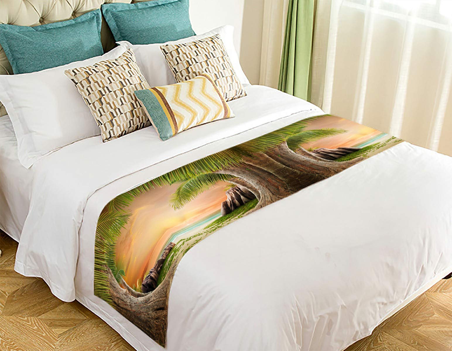ECZJNT Dreamy Beach Landscape Bed Runner - 20x95 Inch Coastal Bed Scarf for Queen & King Beds - Perfect Beach House Decor, Boho Bedroom Accent & Vacation Home Styling