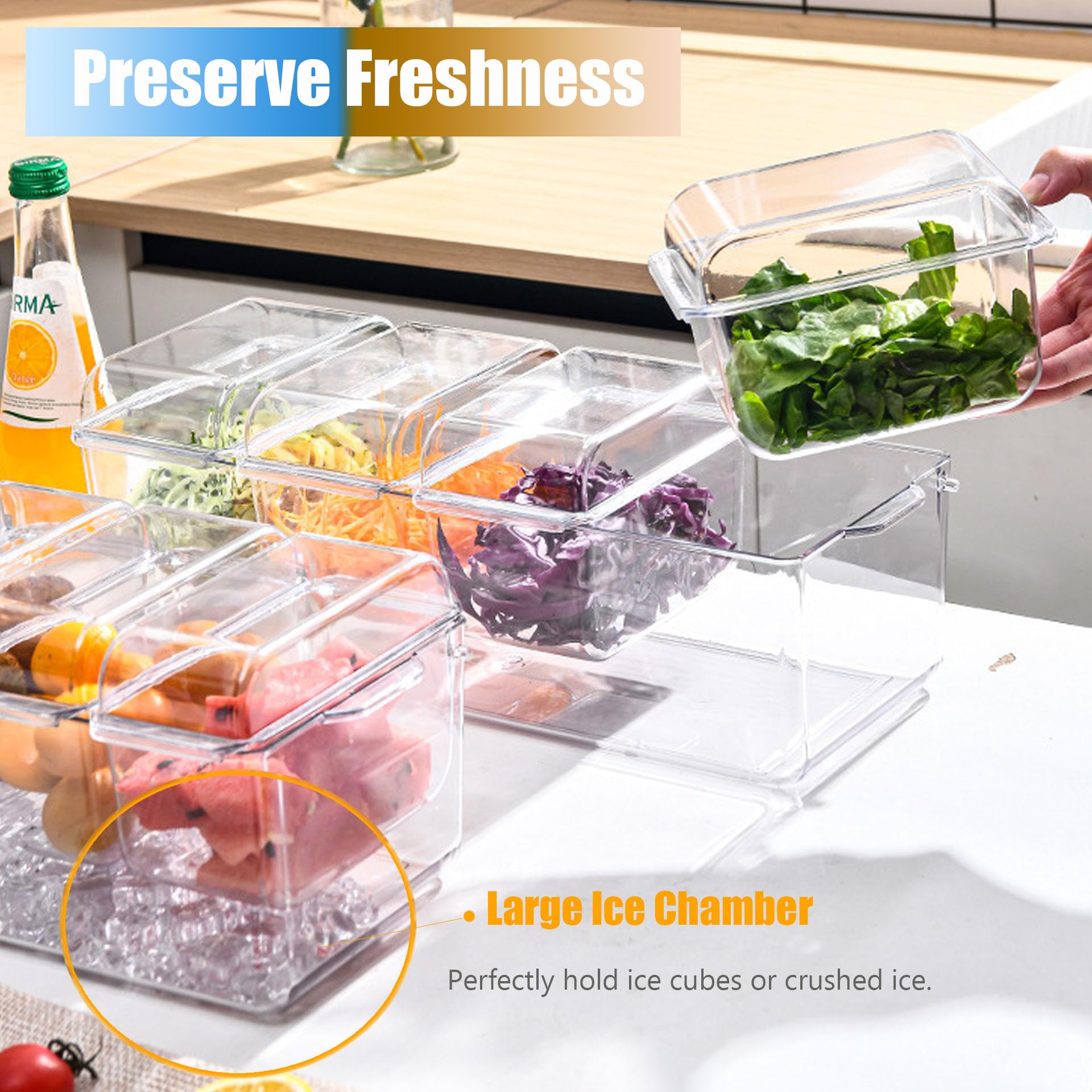 Ice Chilled Condiment Caddy with 4 Containers (2.8 Cup Capacity) - Airtight Lids, Party Serving Tray for Fruits, Salads, Nuts, Candy & Snacks - Perfect for Taco Bars, BBQs, Picnics & Outdoor Gatherings
