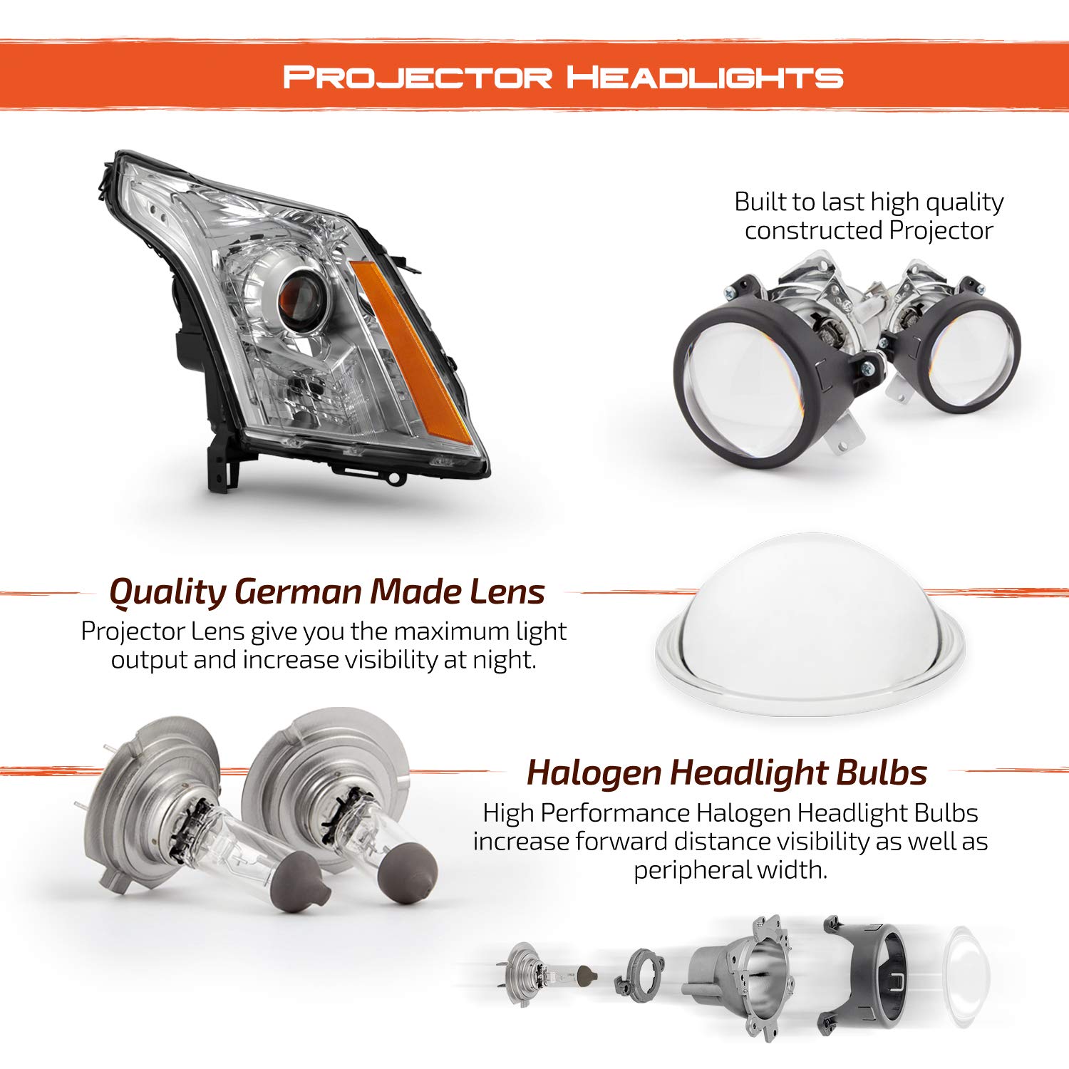 AKKON LED Switch-Back DRL Projector Headlights for 2010-2014 Cadillac SRX (Halogen Model) - Chrome Housing - Upgrade Your Car Lighting for Night Driving & Enhanced Visibility