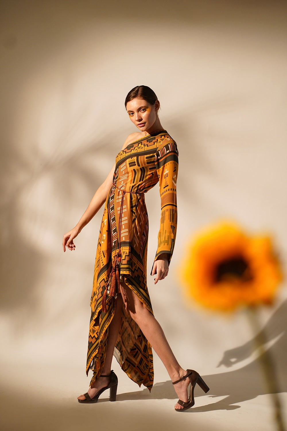 Mustard Aztec Print One Shoulder Dress for Women - Boho Chic Summer Party Outfit - Perfect for Beach Vacations, Music Festivals & Date Nights