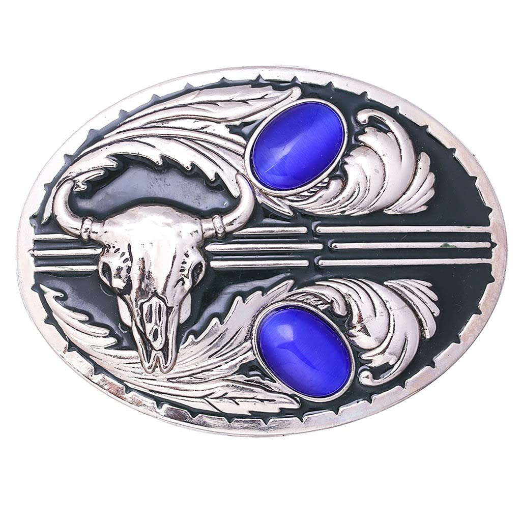 Vintage Western Cowboy Belt Buckle - Large Gemstone Inlaid Indian Tribal Ox Skull Embossed Metal Belt Clasp (4.92