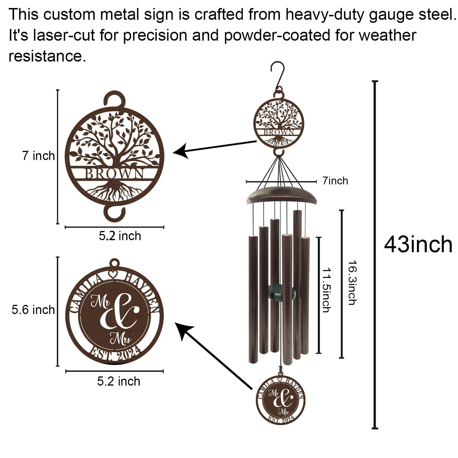 43-Inch Large Personalized Tree of Life Copper Wind Chime - Custom Engraved Anniversary Wedding Gift for Couples, Newlyweds, Parents & Retirees (Mr & Mrs) - Perfect for Outdoor Garden, Patio Decor & Relaxing Wind Sounds