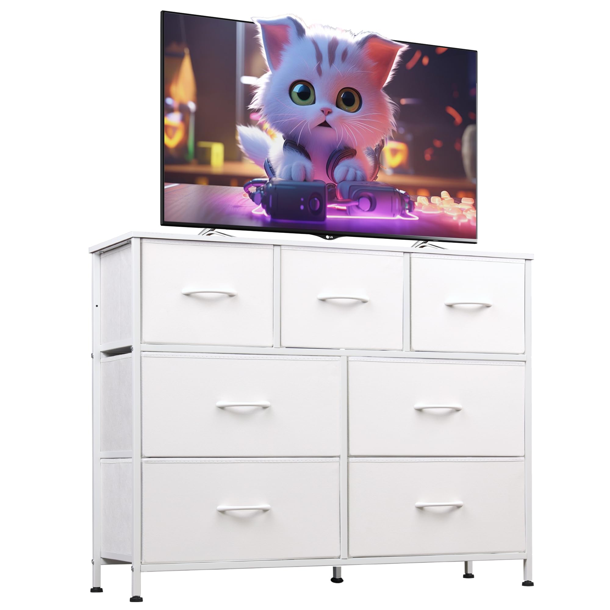 WLIVE 7-Drawer Dresser TV Stand - White Fabric Storage Tower with Sturdy Steel Frame & Wood Top - Easy Pull Handle for Bedroom, Hallway, Entryway & Closet Organization - Perfect for Small Spaces & Apartment Living