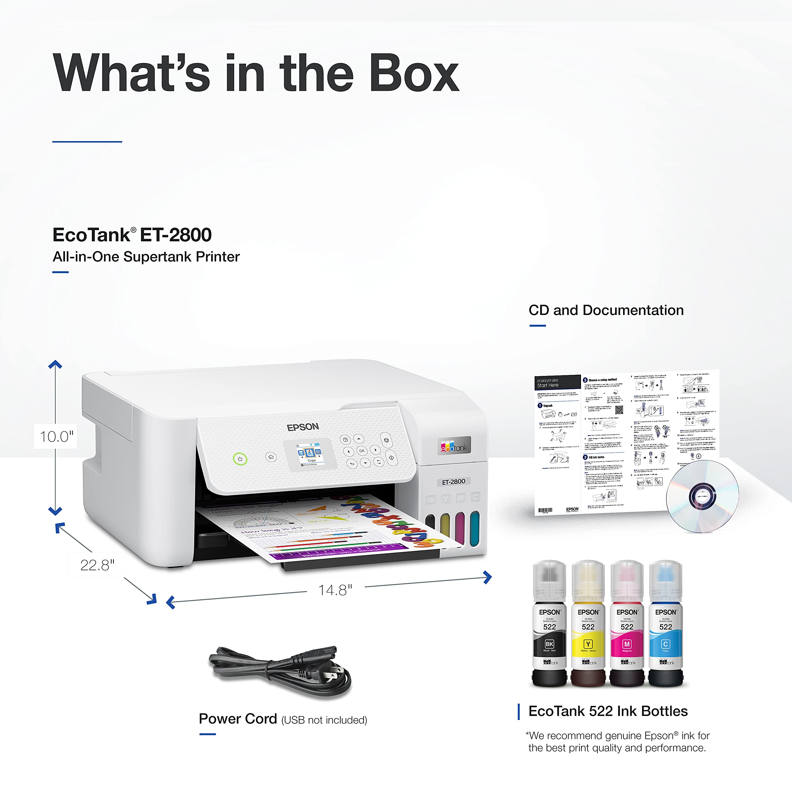 Epson EcoTank ET-2800 Wireless Color All-in-One Printer with Scan, Copy & Cartridge-Free Supertank System - Perfect for Home Office, School & Small Business Printing Needs - White