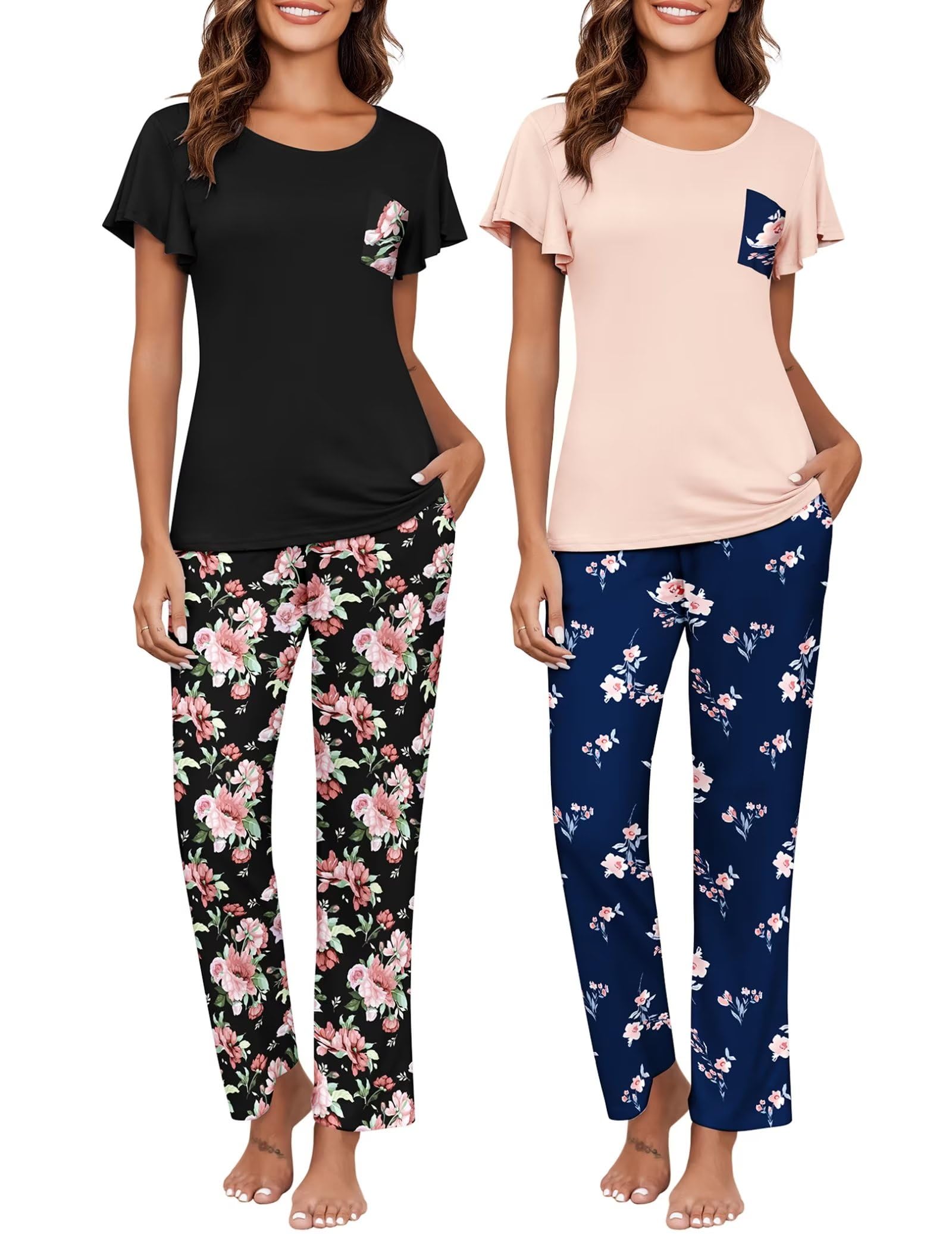 Ekouaer Women's Pajama Set - 2 Pack Soft Short Sleeve Sleepwear with Long Pants & Pockets - Comfy Printed Lounge Pajamas for Nighttime Relaxation & Home Wear