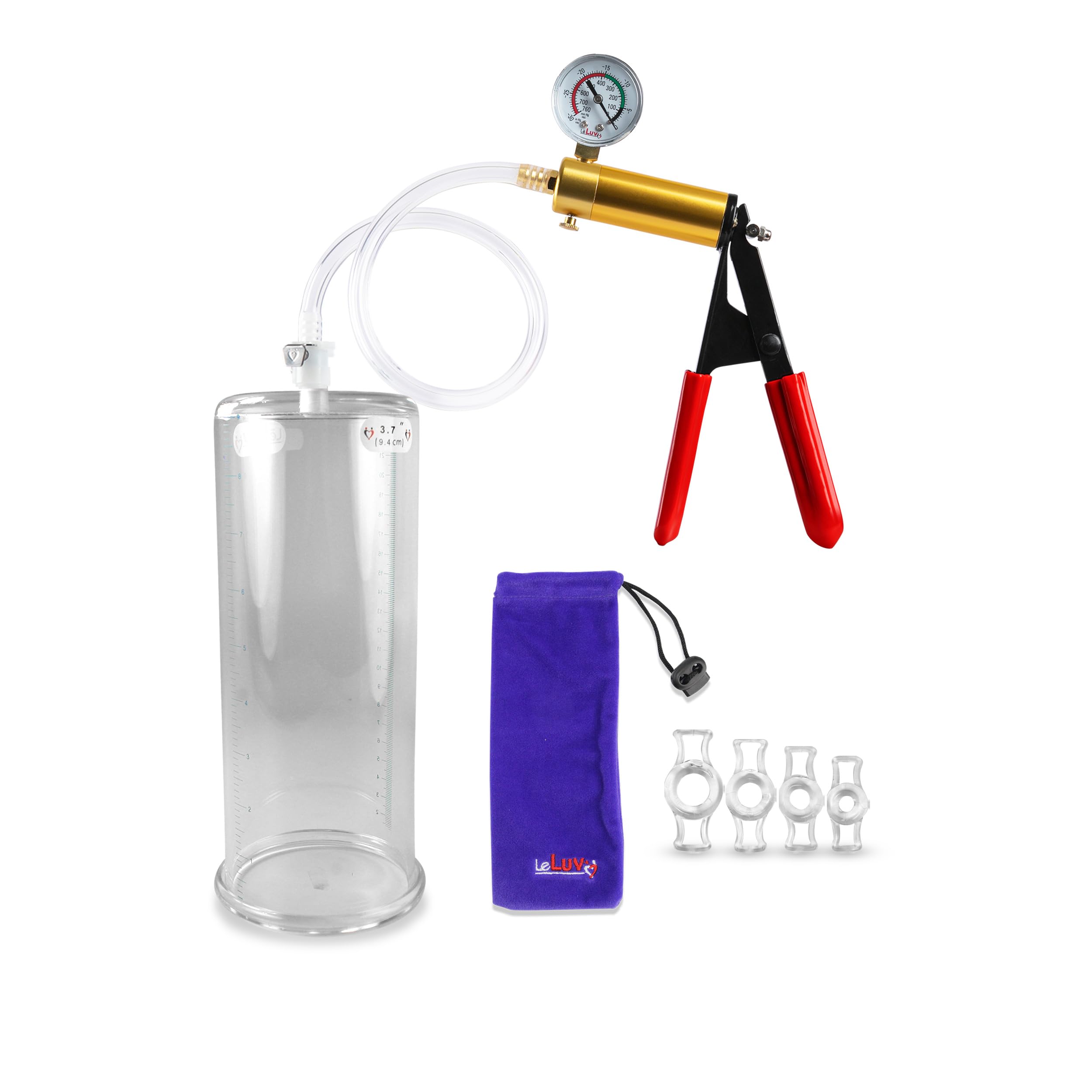 LeLuv Ultima Brass Penis Pump Kit with Gauge - 4 Constriction Rings, 9