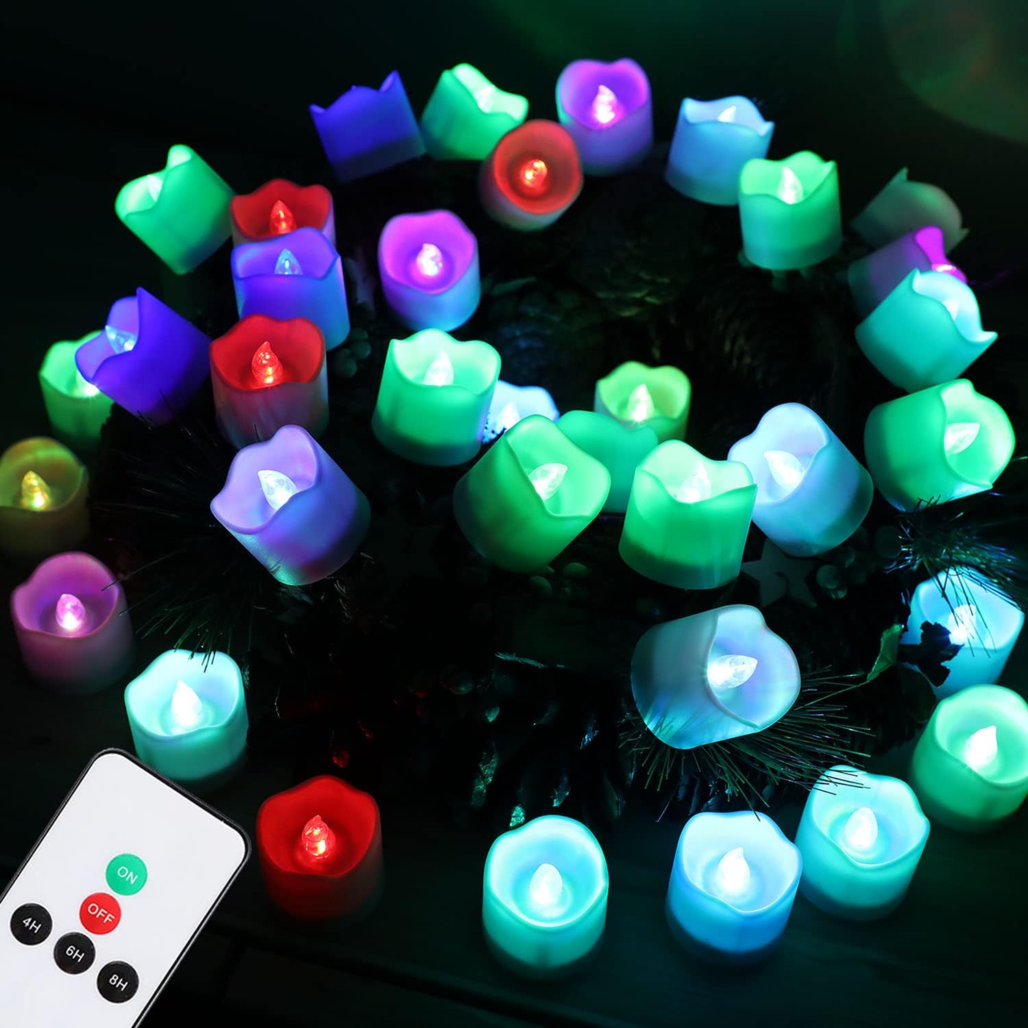 Topstone Multi-Color Remote Control LED Tea Lights - Battery Operated Flameless Candles with Timer & Flickering Effect - Perfect for Wedding Centerpieces, Christmas Decor, Fall Table Settings - Pack of 12 (Wave Open Style) - Create Cozy Ambiance for Parties, Restaurants & Home Decor