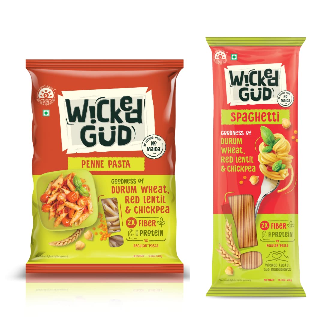 WickedGud 2X Fiber Penne & Spaghetti Pasta Combo - Healthy Durum Wheat Semolina, Brown Rice & Red Lentils Pasta (400g x 2) | No Maida | High Fiber Diet Pasta for Weight Loss & Gluten-Free Meals | Perfect for Italian Dishes, Vegan Recipes & Healthy Family Dinners
