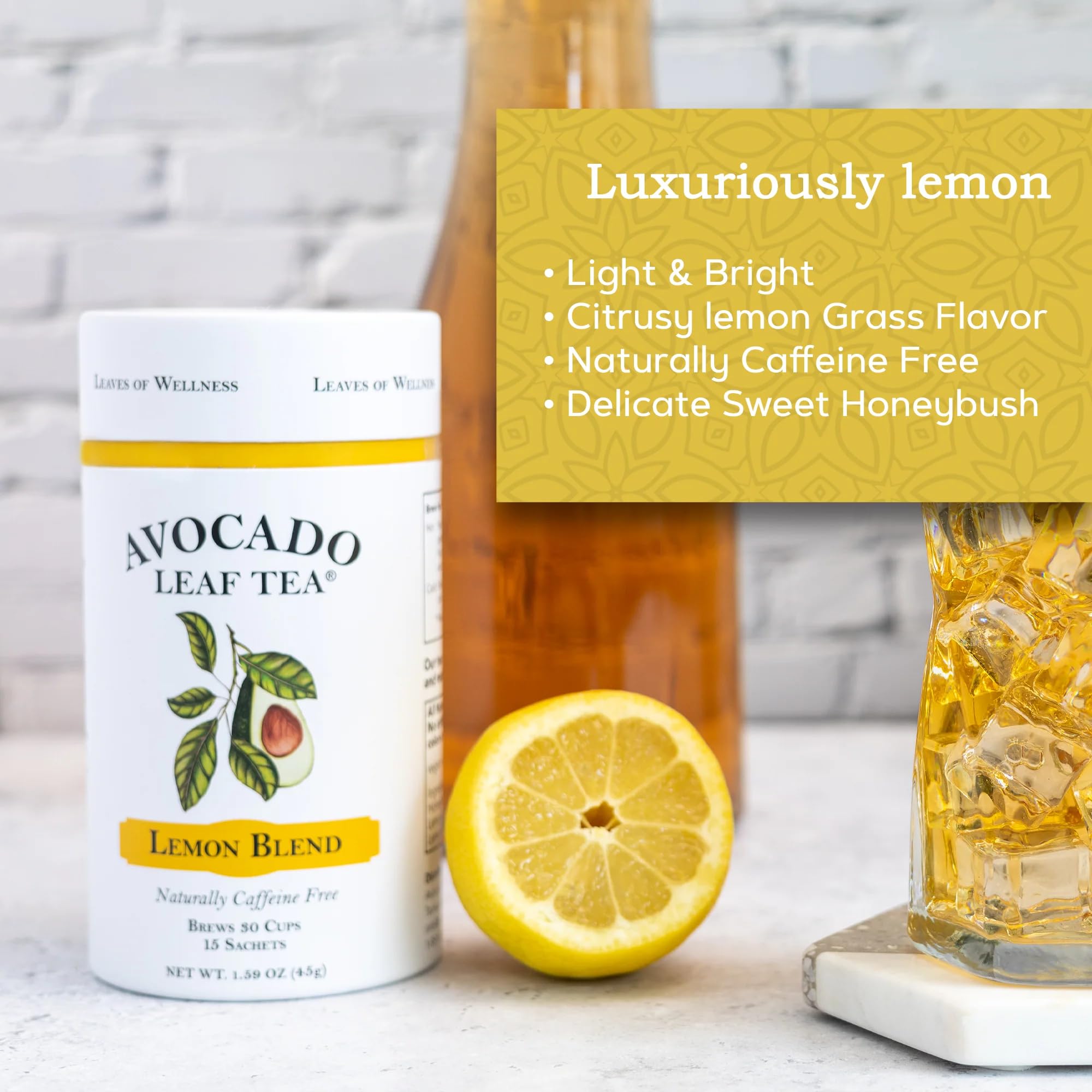 Organic Avocado Leaf Lemon Herbal Tea - Caffeine-Free, Immune Boosting, Non-GMO | 15 Tea Bags (30 Servings) | Perfect for Cold Brew Iced Tea or Relaxing Hot Tea - Ideal for Stress Relief & Wellness Routine