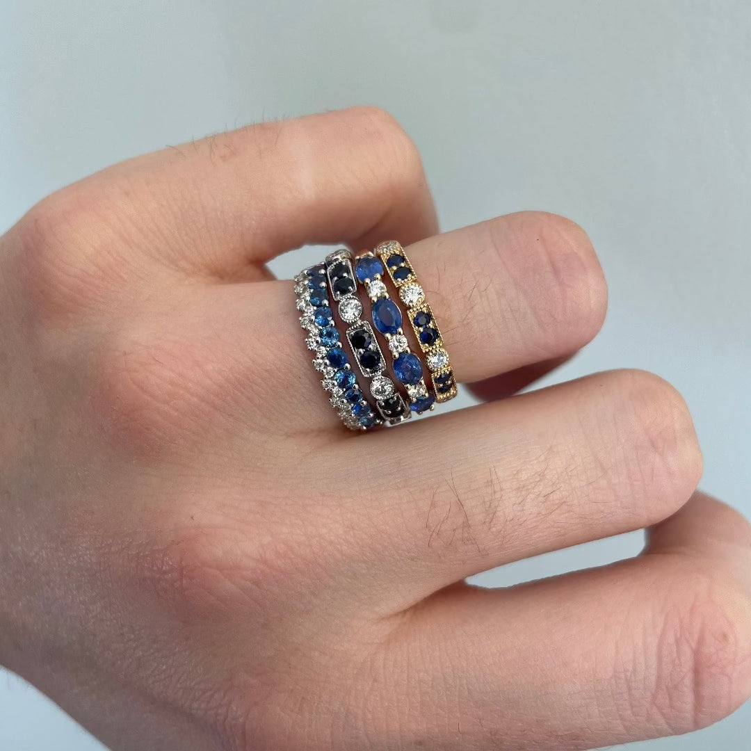 14K Yellow Gold Oval Sapphire & Round Diamond Wedding Band – Elegant Stackable Ring for Bridal, Anniversary, and Special Occasions