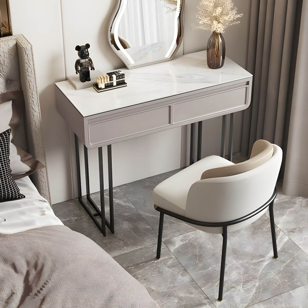 Modern Faux Leather Back Vanity Stool with White Cotton Seat & Metal Legs - Elegant Makeup Chair for Bedroom, Dressing Room & Beauty Salon