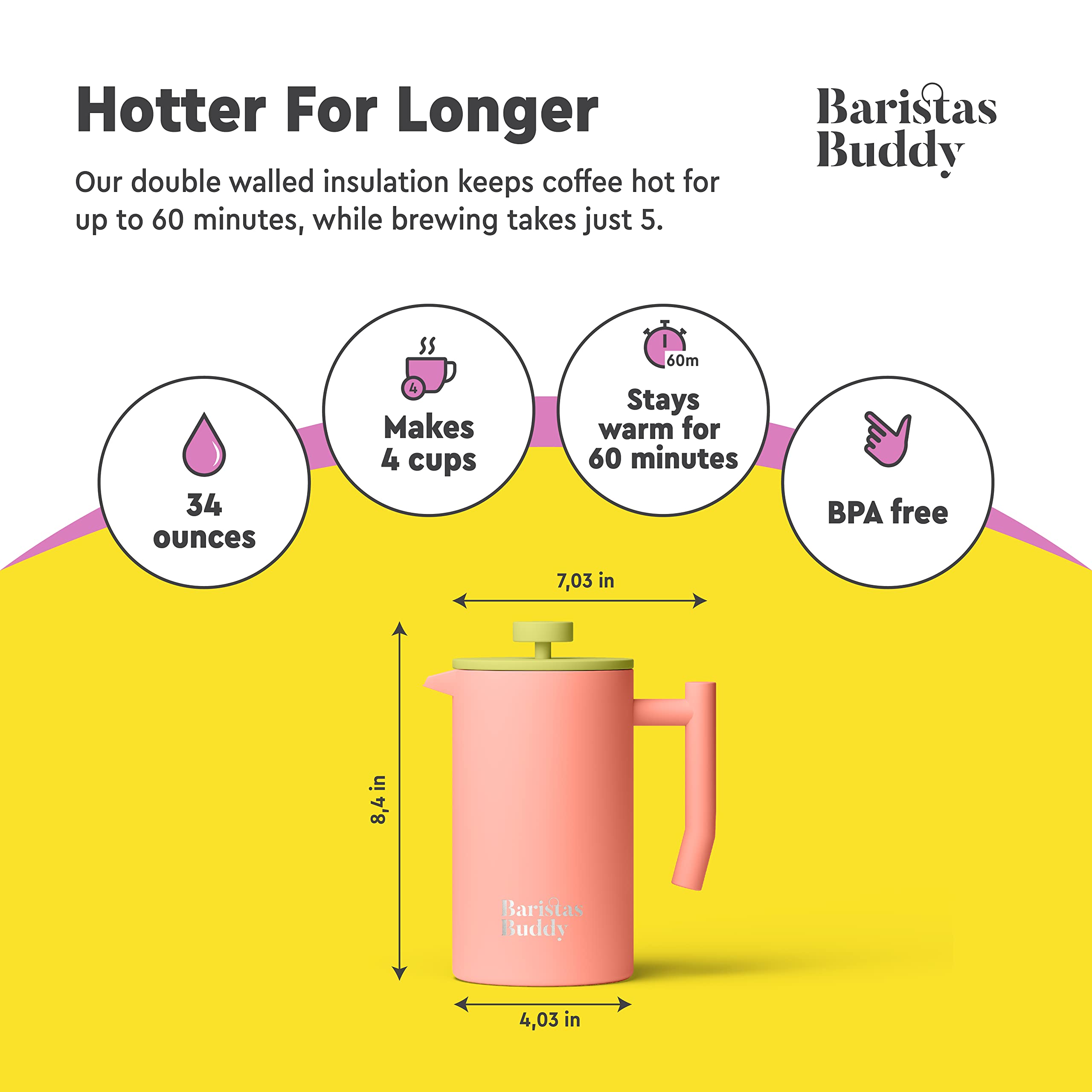 Stylish Pink French Press Coffee Maker - Retro Insulated Glass Carafe - 34oz (4 Cups) for Home, Office & Camping - Perfect for Coffee & Tea Lovers