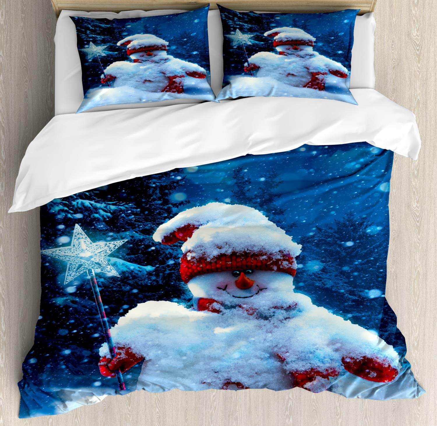 Ambesonne Christmas Duvet Cover Set - Snowman with Magic Wand & Snow-Covered Fir Branches Winter Night Design | 3-Piece Bedding Set with 2 Pillow Shams | California King Size in Navy Blue, Red & White | Perfect for Holiday Bedroom Decor & Cozy Winter Nights