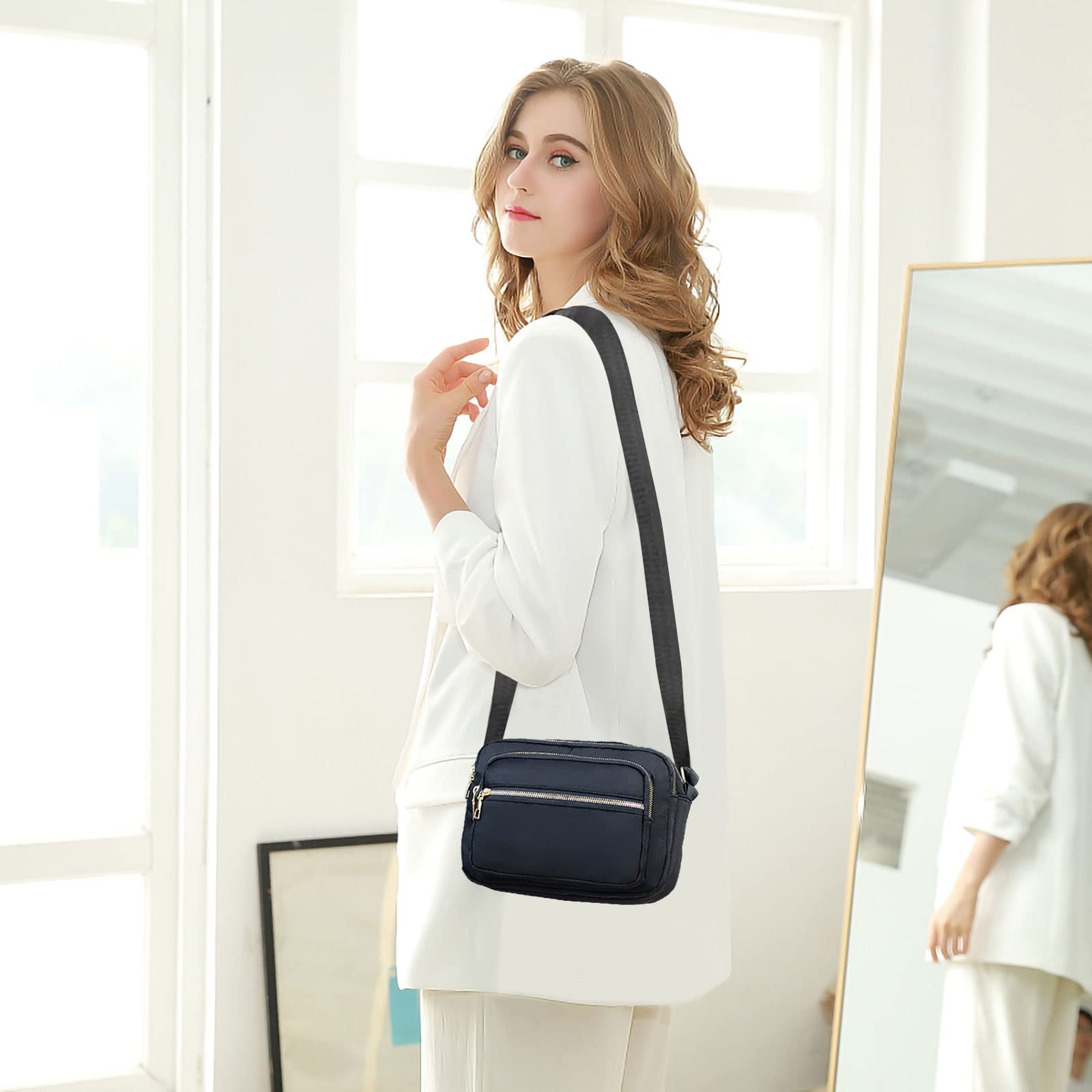 **KEYRI Women's Waterproof Nylon Crossbody Bag with 3 Zippered Compartments, Adjustable Wide Strap - Perfect for Travel, Shopping & Everyday Use**
