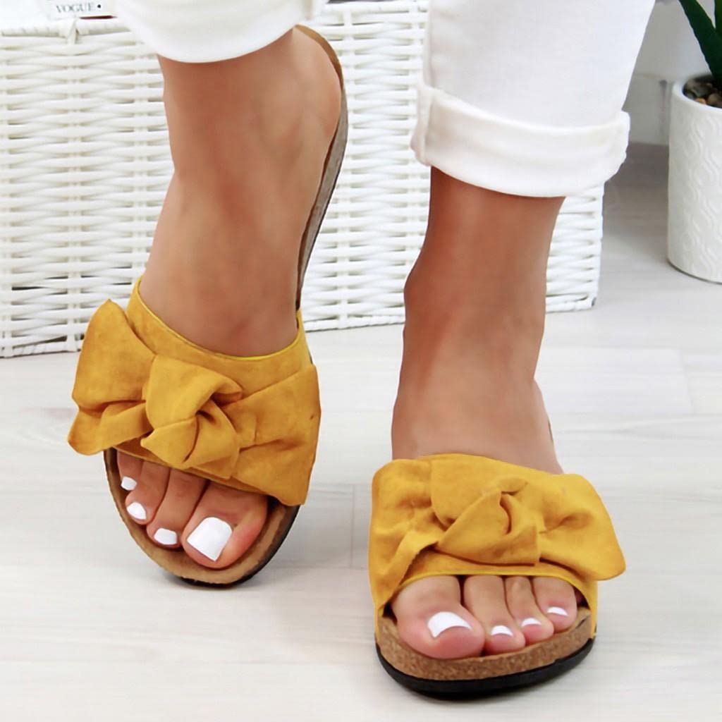 Women's Fashion Bow Sandals - Leopard Print & Solid Color Slides | Comfortable Slip-On Platform Flats for Home, Sleepwear & Lounging | Size 9 in A-Yellow