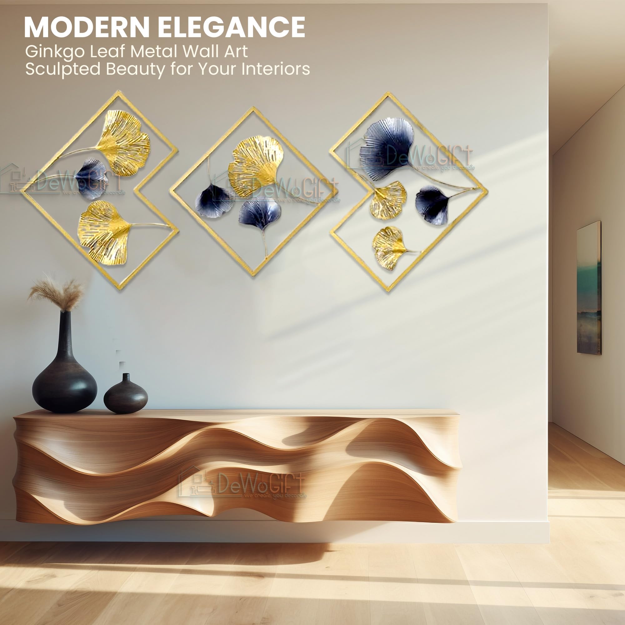 Design World Gifts And Interiors Metal Wall Art Decor - Set of 3 Ginkgo Leaf Sculptures for Living Room, Office, Bedroom & Hotel | Modern Wall Hanging Decor for Home & Commercial Spaces