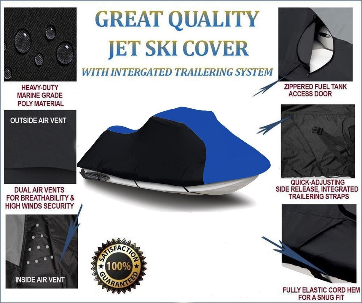Heavy-Duty 600 Denier Waterproof Jet Ski Cover for Sea-Doo RX Di 2000-2003 Models | 2-Seater PWC Cover | Black/Blue | All-Weather Protection for Storage & Transport
