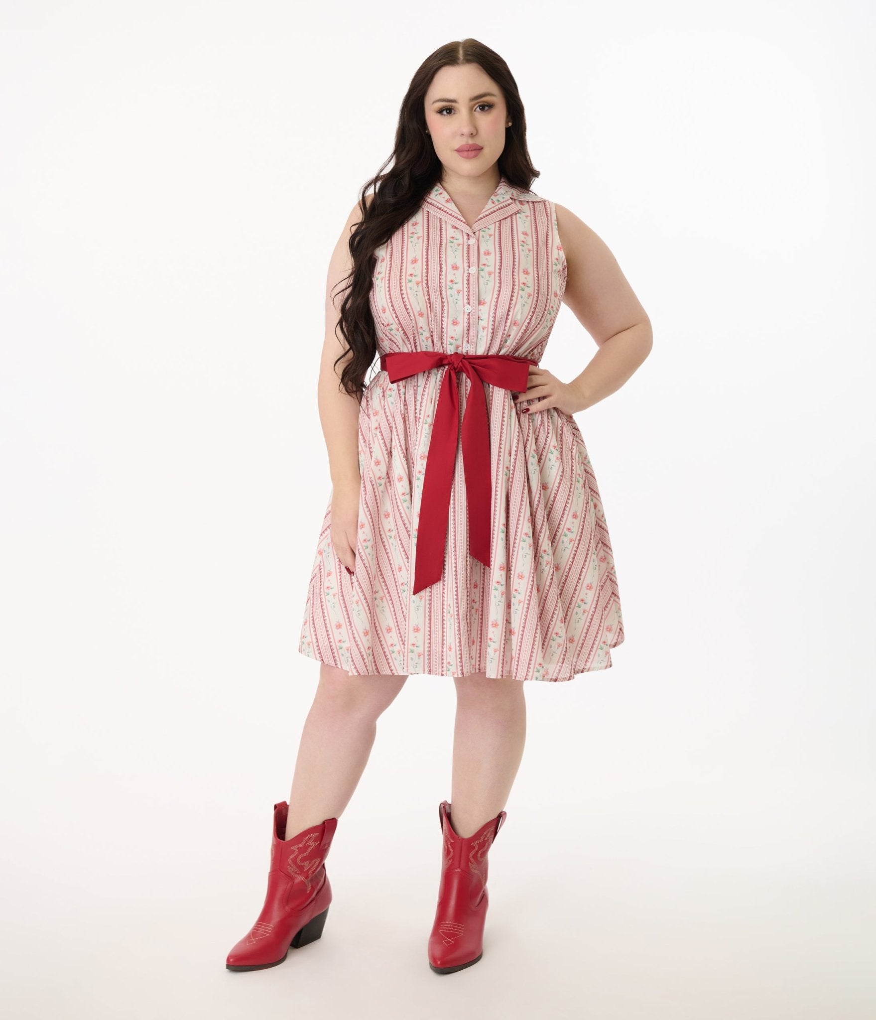 Smak Parlour Plus Size Pink Rose Wallpaper Print Cotton Flare Dress - Women's Boho Flowy Midi Dress for Casual Wear, Parties & Special Occasions