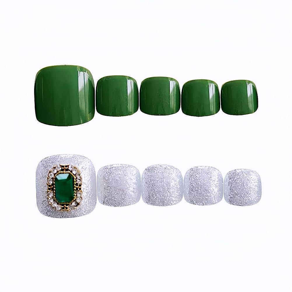 24pcs Short Fake Toenails for Women - Artificial Stick On Toe Nails Full Cover with Rhinestone Decorations (Green) | Perfect for Pedicures, Nail Art & Special Occasions