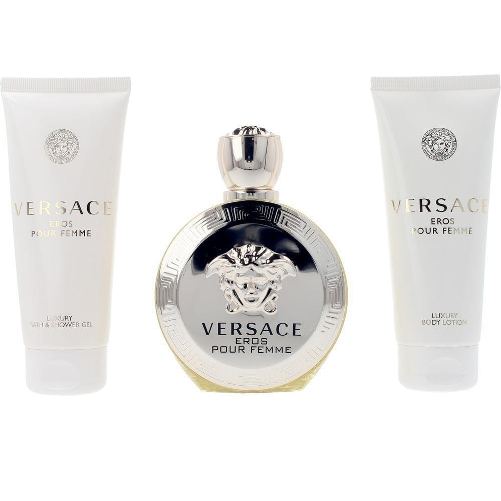 Versace Eros Eau de Parfum Gift Set for Women - 4 Piece Luxury Fragrance Collection (3.4oz Perfume Spray, Body Lotion & Shower Gel) with Travel Beauty Case - Perfect for Valentine's Day, Anniversary & Birthday Gifts