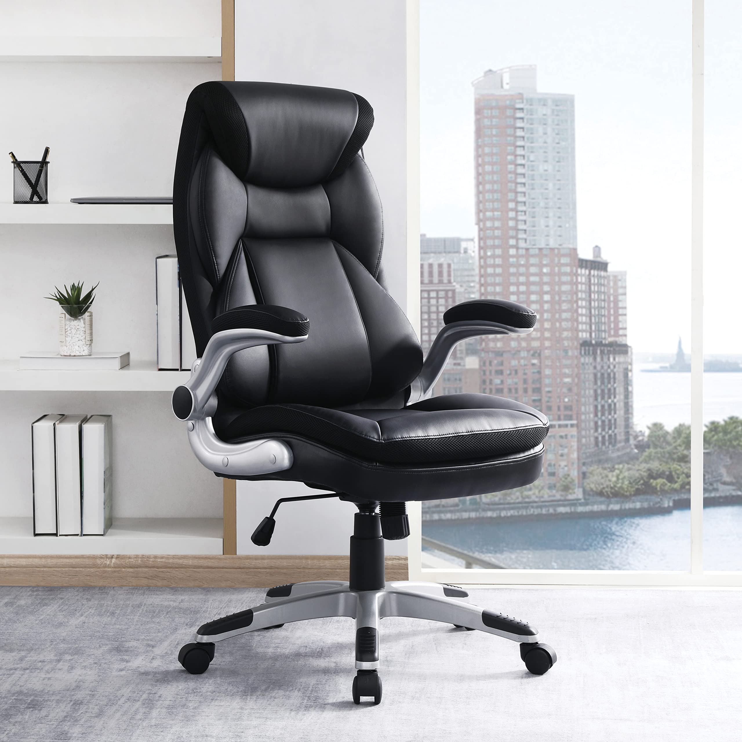 Office Star ECH Series Executive Bonded Leather Office Chair with Lumbar Support & Adjustable Arms - Black with Silver Base | Ergonomic Desk Chair for Home Office, Gaming & Workspace Comfort