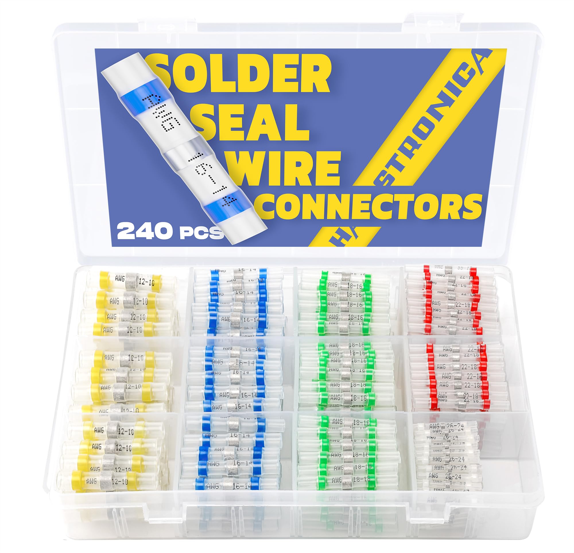 Haisstronica 240PCS Marine Grade Heat Shrink Wire Connectors Kit - Waterproof Butt Splice Electrical Connectors for 26-10 Gauge Wires (5 Colors/5 Sizes) - Ideal for Automotive, Marine, and DIY Electrical Repairs