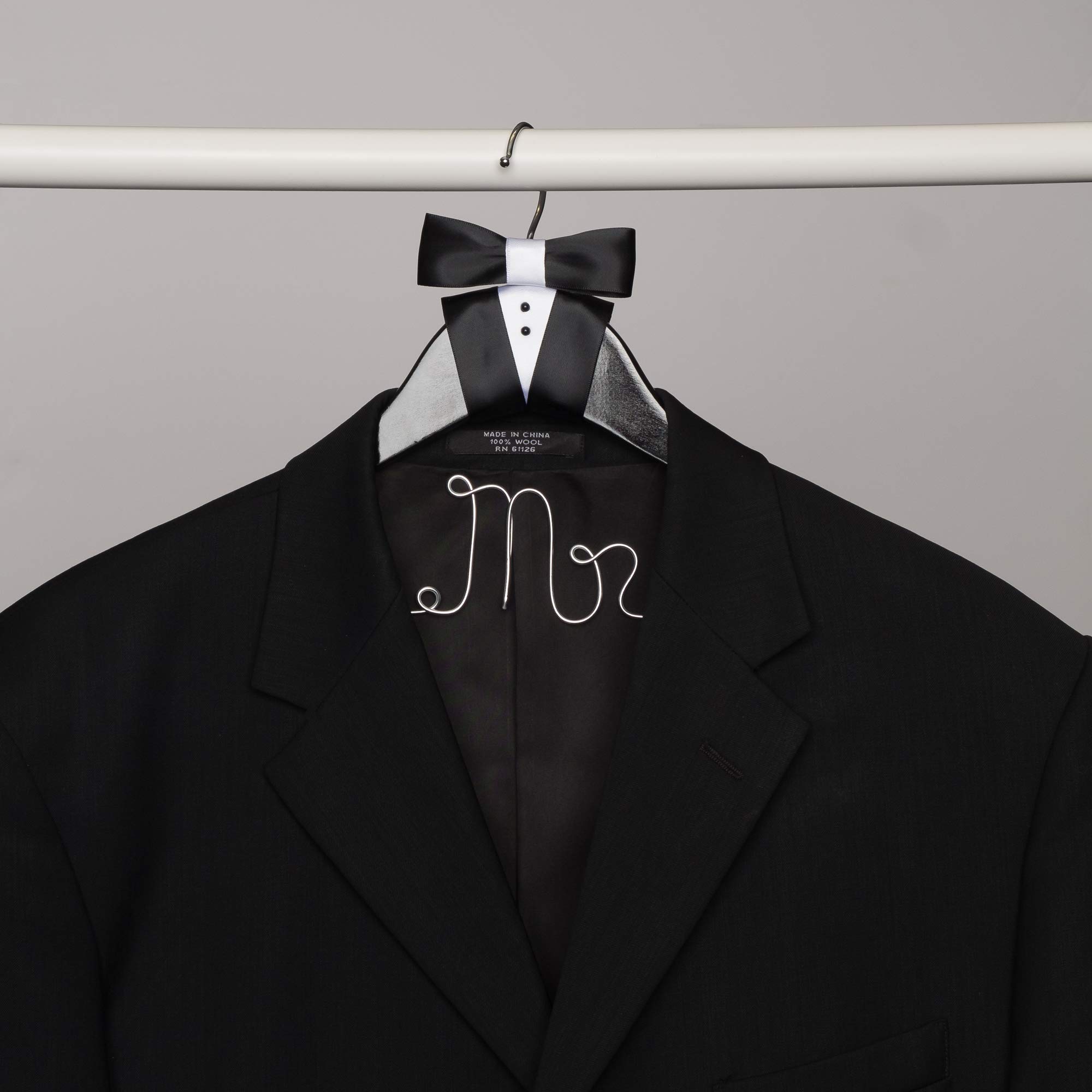 Elegant Black Wooden & Silver Wire Wedding Groom Hanger for Tuxedo or Suit - Mr. Groom's Closet Essential - Perfect for Wedding Day, Bridal Shower & Anniversary Celebrations