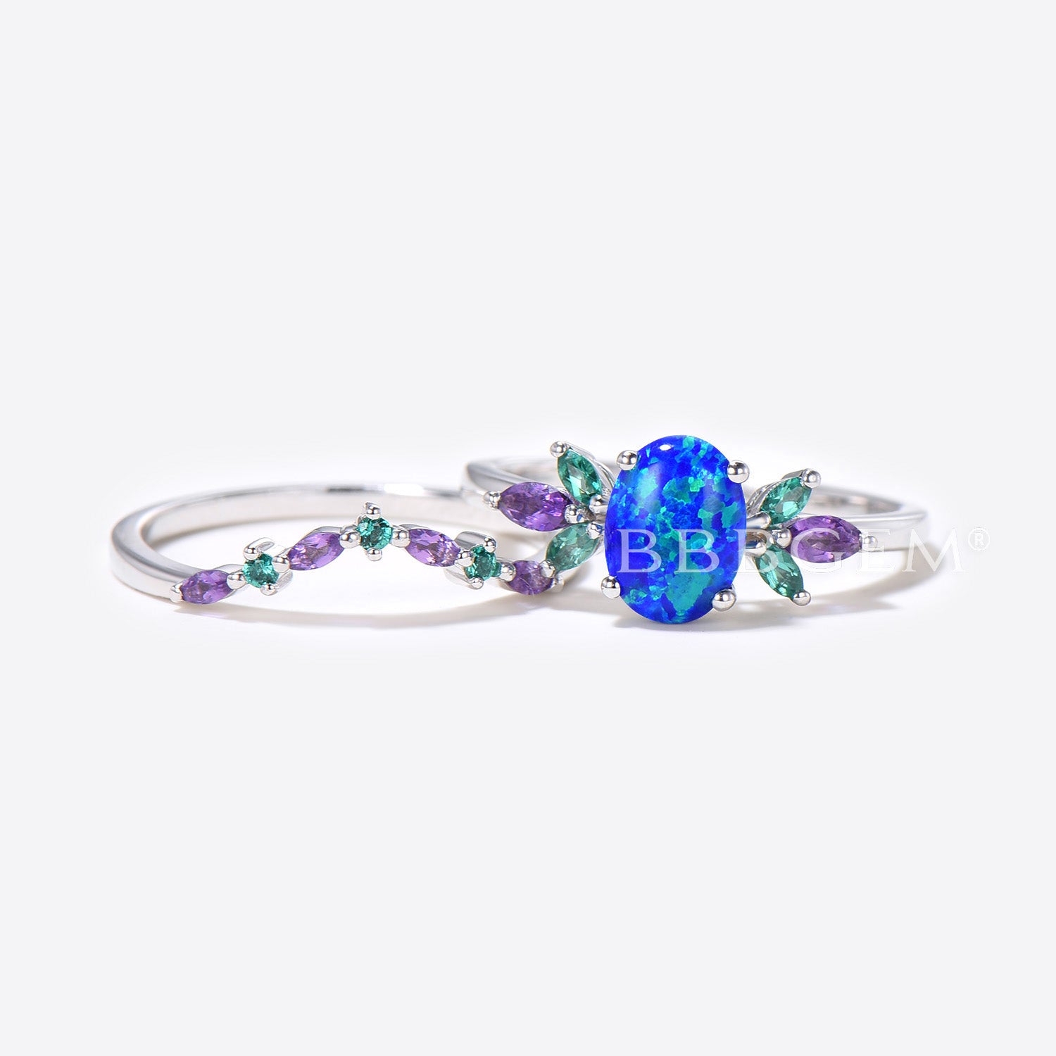 1.5ct Oval Cut Blue Opal Engagement Ring Set - Sterling Silver with Emerald & Amethyst Accents - Wedding Ring, Bridal Jewelry Set - Perfect for Proposals, Anniversaries & Romantic Gifts
