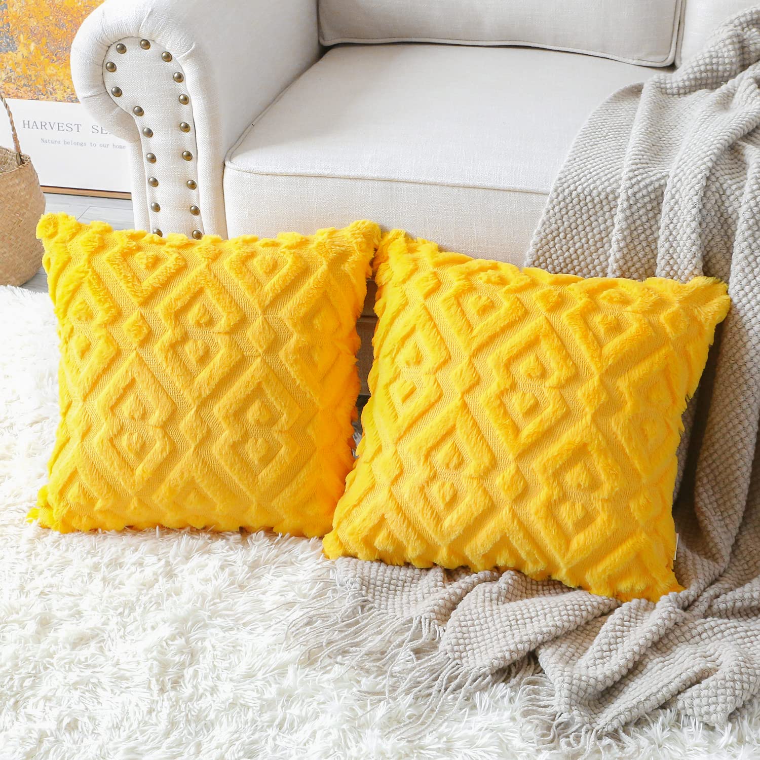Artscope 2-Pack Soft Plush Short Wool Velvet Decorative Fall Throw Pillow Covers - Luxury European Style Cushion Covers for Sofa & Bedroom - Diamond Pattern in Orange & Yellow (16x16 Inch) - Perfect for Autumn Decor, Living Room Accents & Cozy Home Styling
