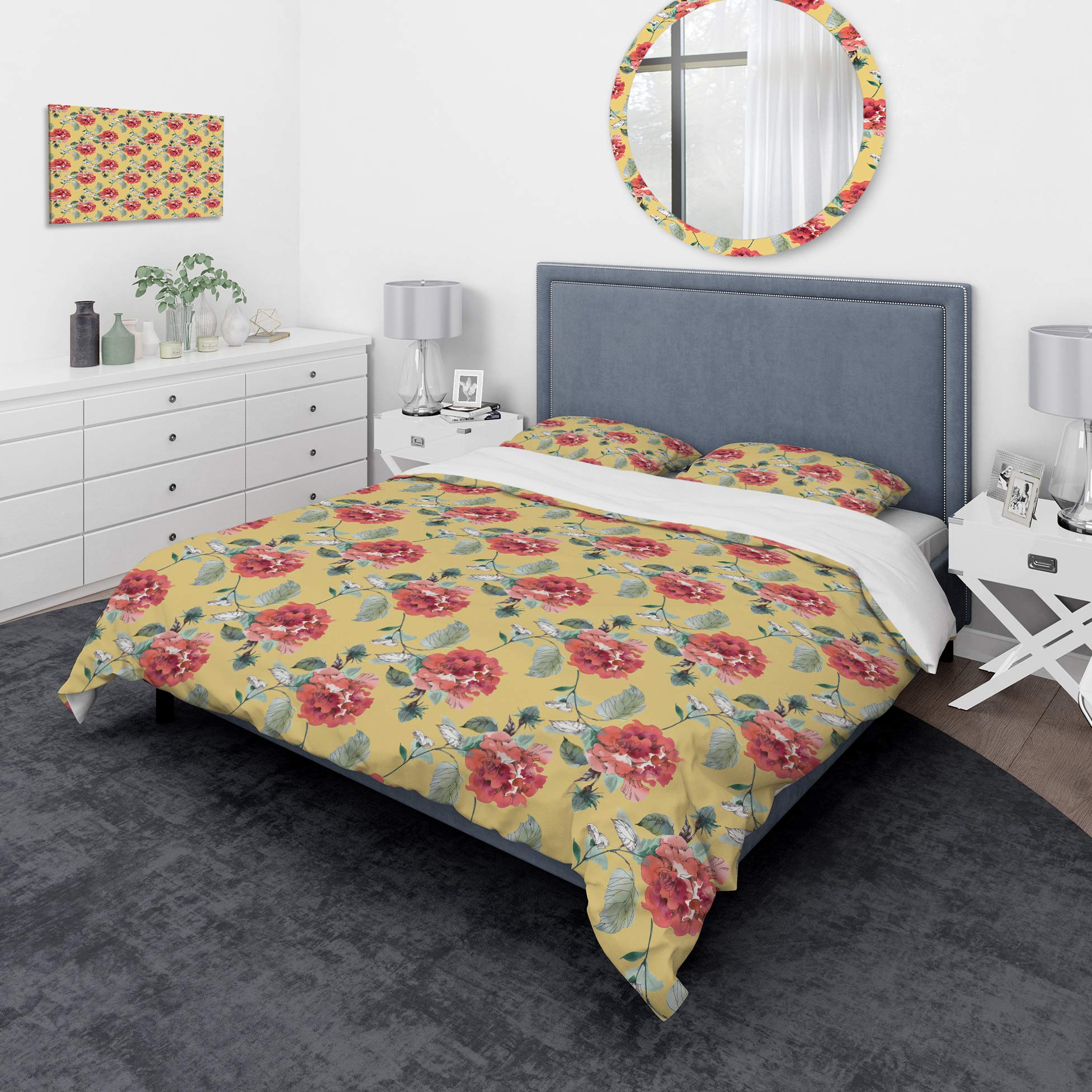 DesignQ Red Rose Floral Duvet Cover Set King Size - Yellow Nautical Coastal Bedding 3-Piece All Season Comforter Set for Beach House & Master Bedroom Decor