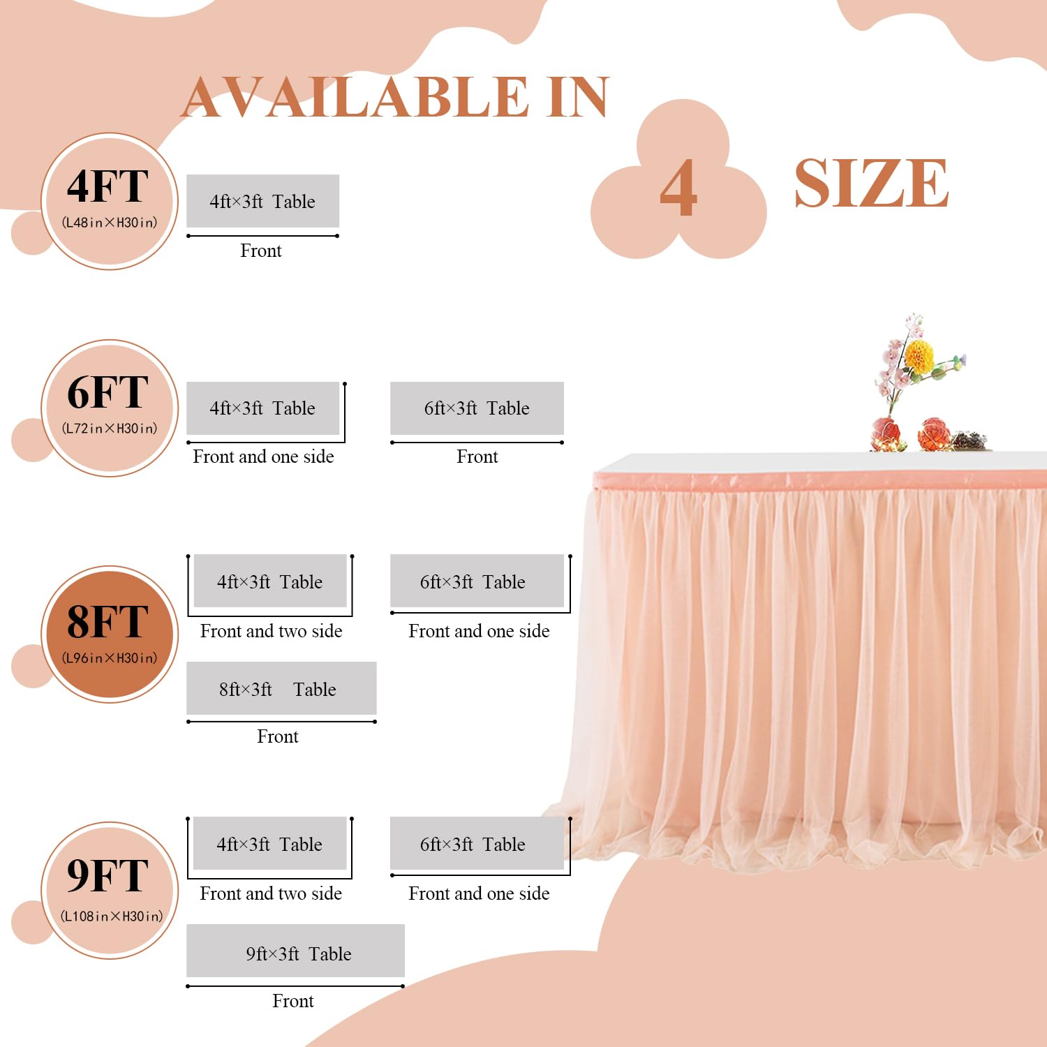 8FT Rose Gold Tulle Table Skirt for Rectangle Tables - Elegant Wedding, Bridal Shower & Birthday Party Decorations - Perfect for Banquet Halls, Reception Tables and Special Event Decor
