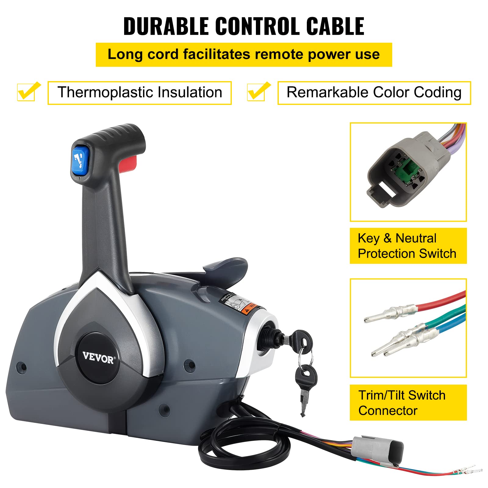 Premium Single-Engine Boat Throttle Control for Evinrude & Johnson Outboards - Side Mount Remote Control with Key Switch & Safety Lanyard | Perfect for Fishing, Cruising & Marine Adventures