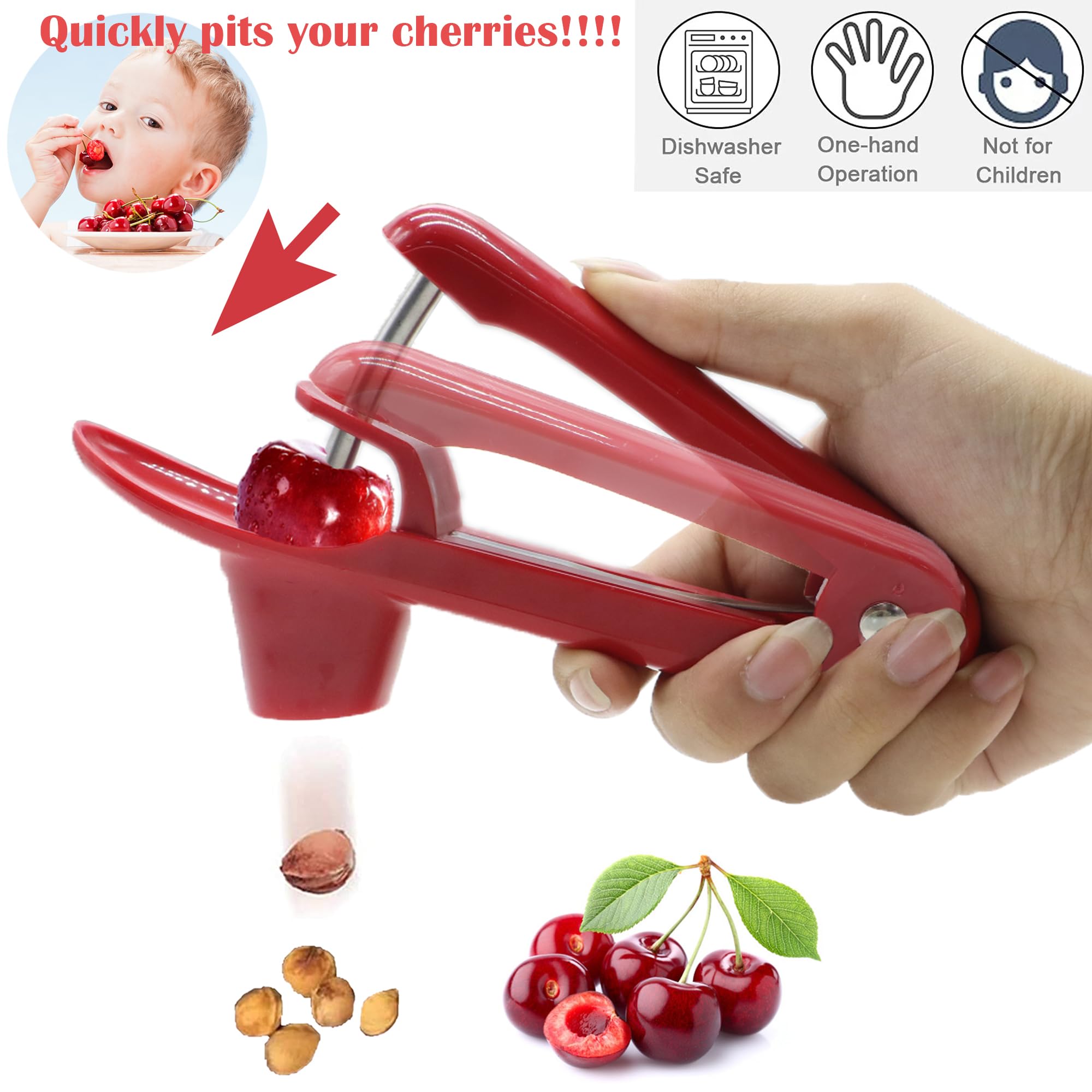 Premium Cherry Pitter Tool - Stainless Steel Cherry & Olive Pitter with Seed Stone Remover for Cherry Jam, Baking, Canning | Space-Saving Lock Design | Perfect for Home Kitchen & Commercial Use (Red)