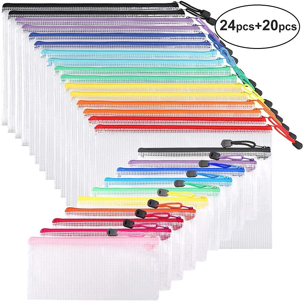 EOOUT 24-Pack Letter Size Mesh Zipper Document Bags + 20-Pack Colorful Zipper Pencil Pouches - Waterproof Plastic File Folders & School Supply Organizers for Office, Travel, Classroom & Home Organization (Assorted Colors)