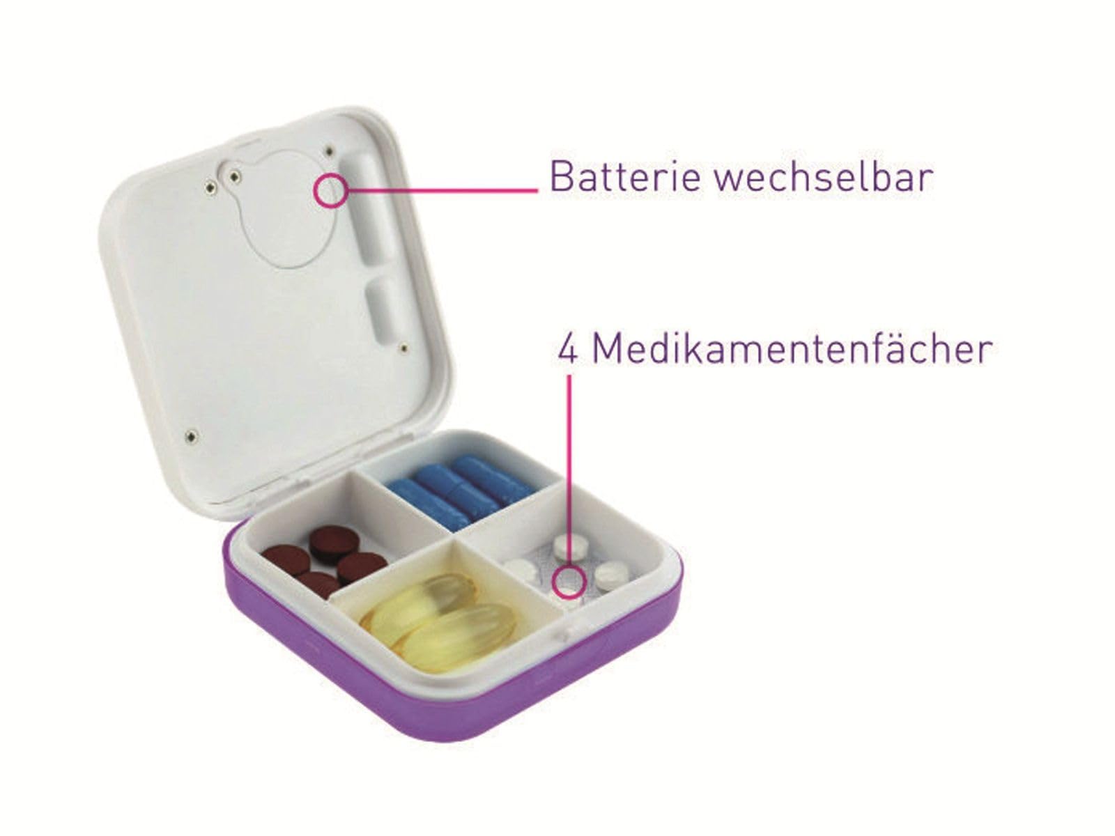 Scala 4-Compartment Pill Box with Timer - 5 Alarms, White | Perfect for Daily Medication & Vitamin Organizer for Travel, Home & Office Use