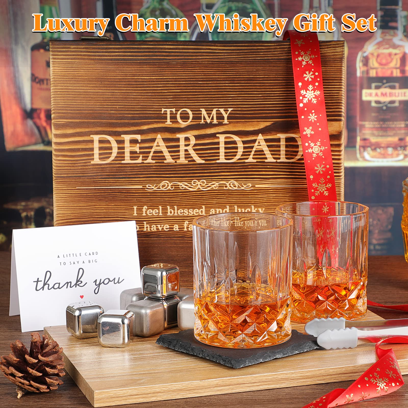 Whiskey Stones Gift Set for Men - Stainless Steel Bourbon Chilling Rocks for Dad, Perfect Birthday, Father's Day & Anniversary Gift from Daughter, Son or Wife - Ideal for Home Bars & Whiskey Enthusiasts