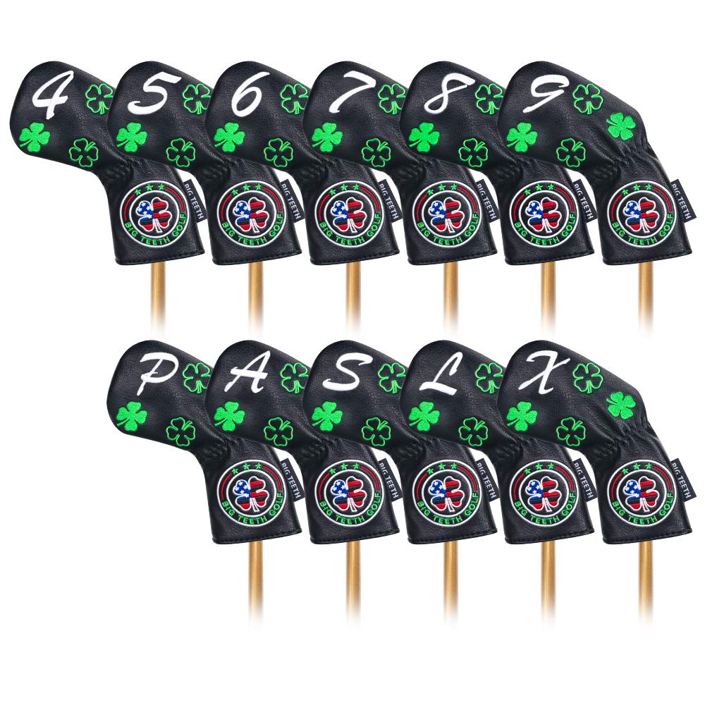 Big Teeth Golf Iron Head Covers Set - 11Pcs Lucky Clover Design Long Neck Protection for Taylormade SIM, Cleveland & More | Perfect for Golf Course Play & Club Storage