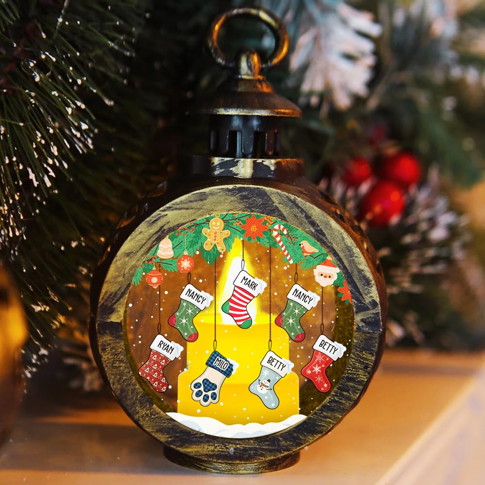 Personalized Christmas Stocking Lantern for Family of 5 - Custom LED Holiday Decor with Names, Festive Fireplace Mantel Decoration, Unique Gift for Christmas Party & Family Gathering