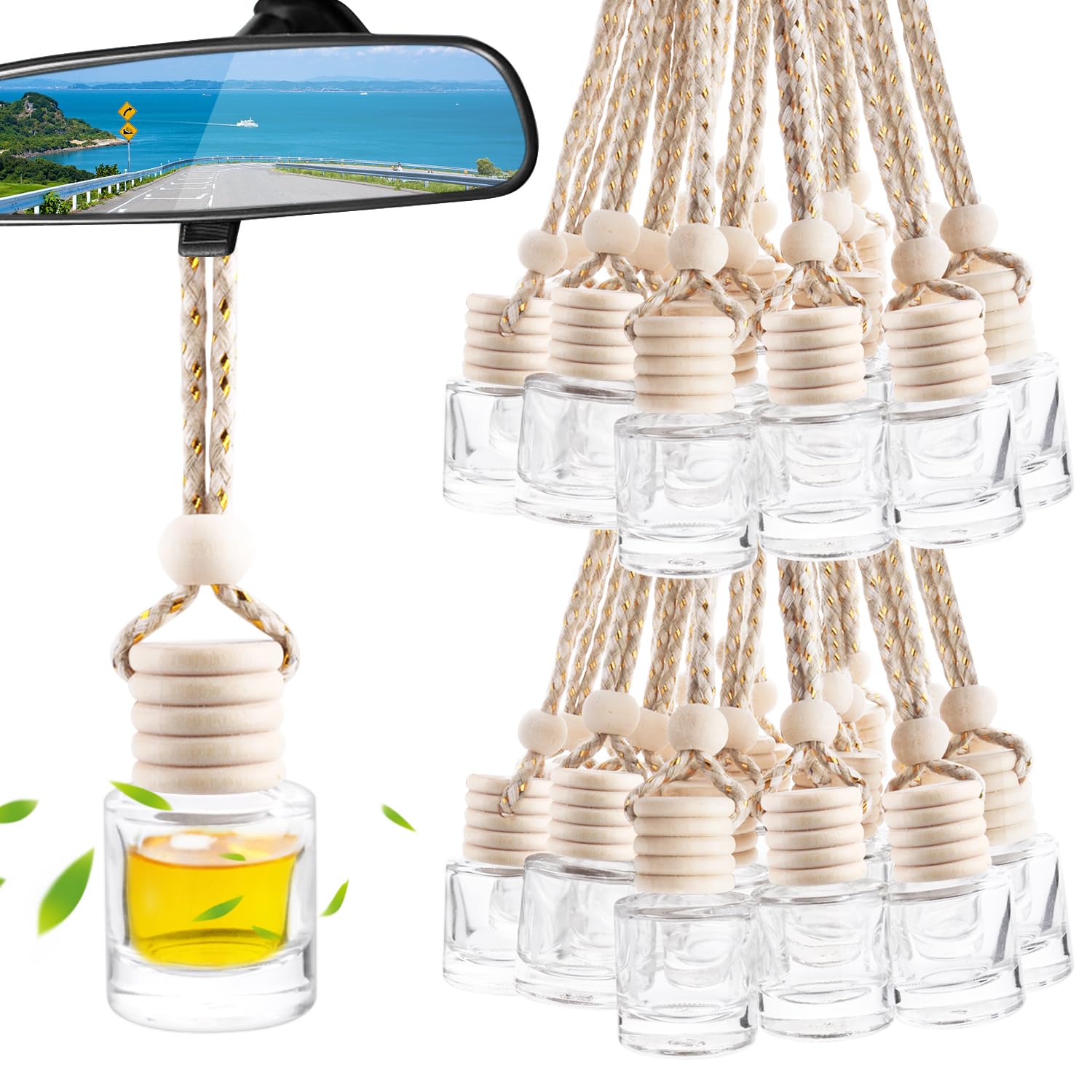 100 Pack Empty Round Glass Hanging Car Air Freshener Diffuser Bottles - Essential Oil Aromatherapy Perfume Pendant for Home, Office, Car Decor and Fragrance Dispensing