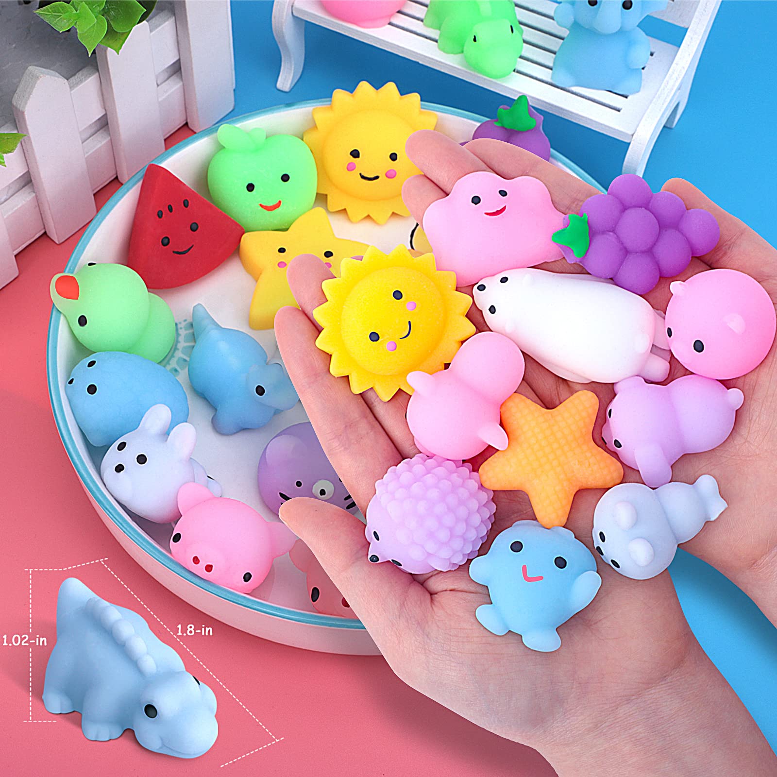 100pcs Mini Squishy Toys - Animals, Fruits & Unicorn for Stress Relief | Party Favors & Easter Fillers for Kids, Adults