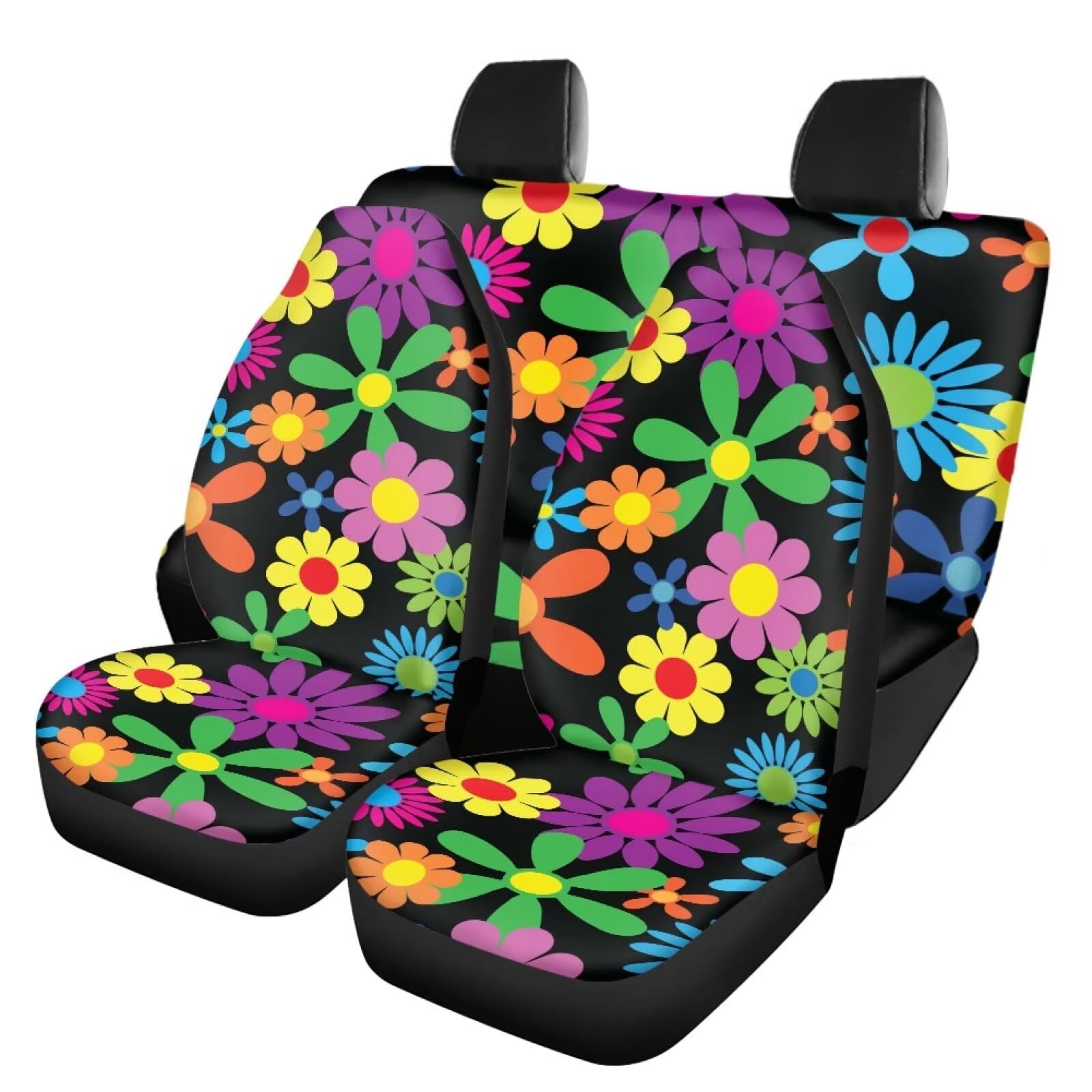 Howilath 4-Piece Hippie Daisy Flower Car Seat Covers Set - Colorful Bohemian Style Front & Back Seat Protectors for Cars, SUVs, Trucks | Perfect for Road Trips, Daily Commute & Interior Decoration