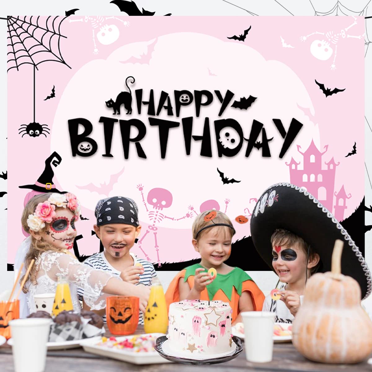 Halloween Birthday Backdrop Pink 6.8x4.3ft - Gothic Castle Pumpkin Photography Background with Bats, Spiders & Black Cat - Perfect for Halloween Photo Booth, Birthday Party Decorations & Spooky Themed Events