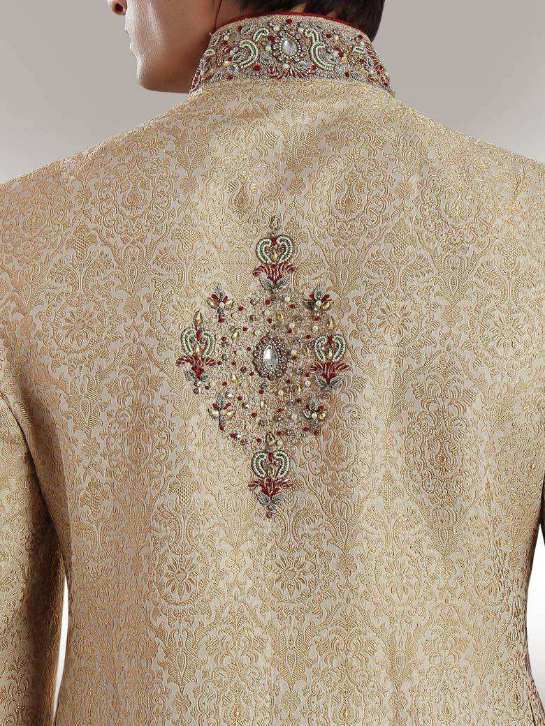 Luxury Beige Brocade Silk Sherwani for Men - Elegant Indian Wedding Attire & Formal Occasions