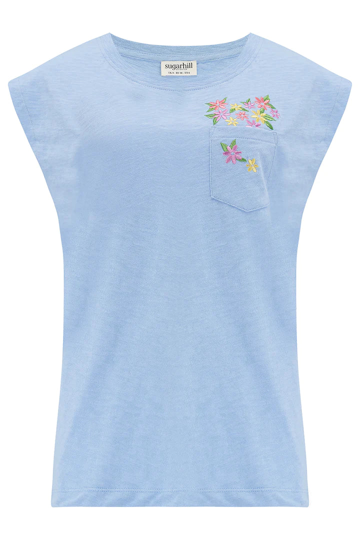 Chrissy Relaxed Fit Women's Tank Top with Floral Pocket - Soft & Comfortable Blue Floral Print T-Shirt for Casual Wear, Summer Outfits & Layering