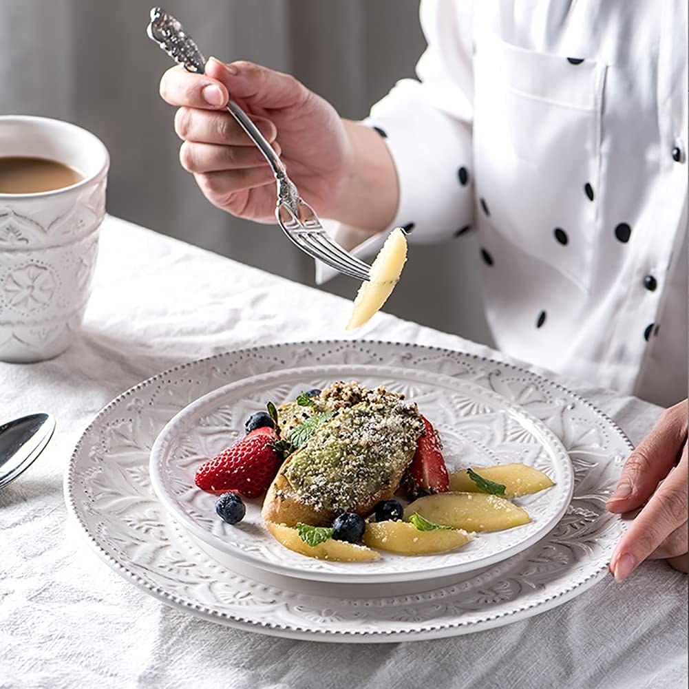 14-Piece White Ceramic Dinnerware Set with Retro Floral Embossing - Plates, Bowls & Mugs for Family Dining | Elegant Underglaze Tableware for 4 People | Perfect for Dinner Parties, Restaurants & Home Decor