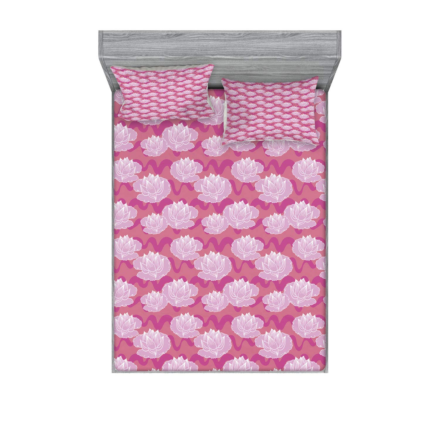 Ambesonne Lotus Fitted Sheet & Pillow Sham Set - Japanese Waterlilies Floral Print 3-Piece Bedding Set in Pink Coral & Pale Pink | Perfect for Boho Bedroom Decor, Guest Room, or Dormitory Styling