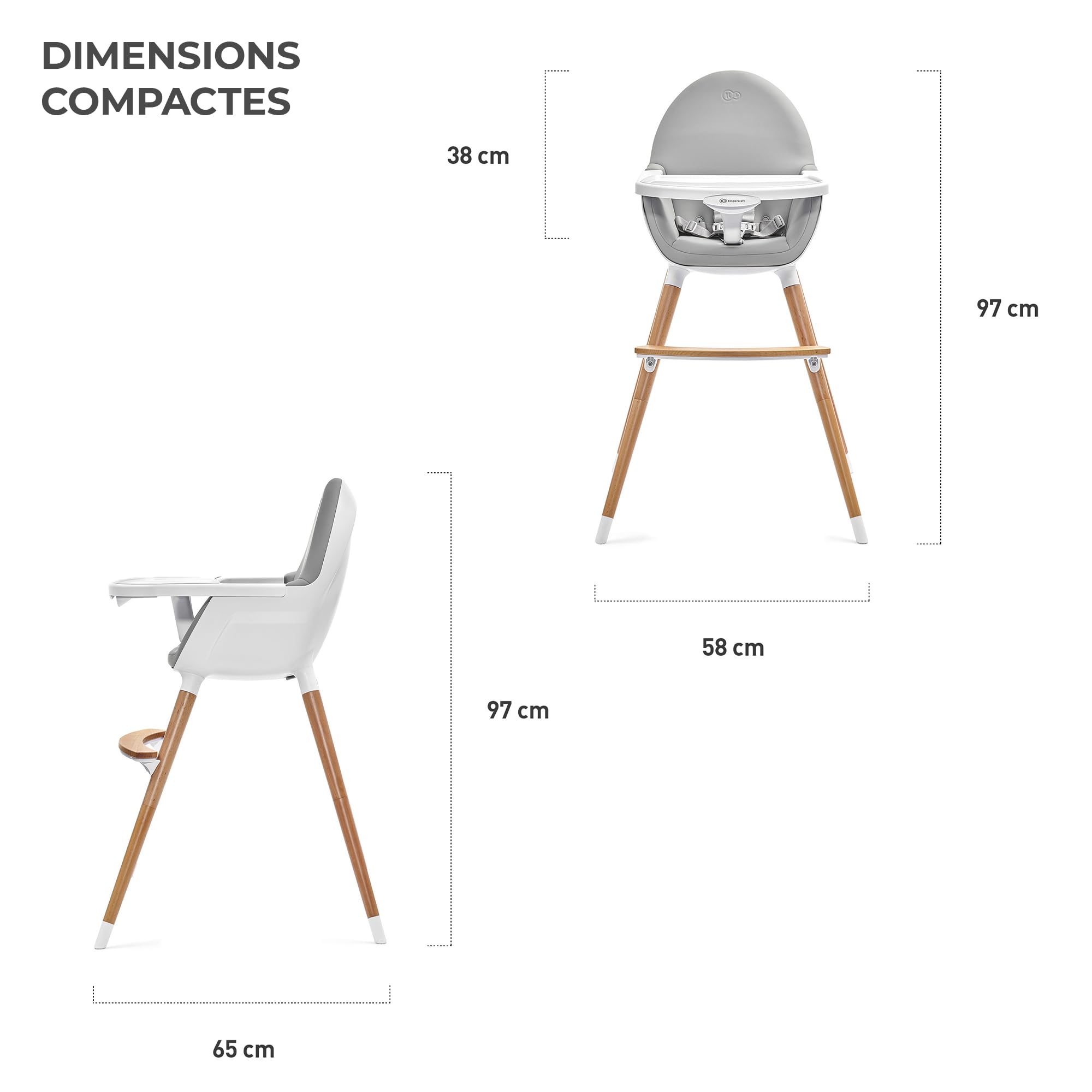Kinderkraft FINI 2-in-1 Adjustable Baby High Chair with Removable Tray - Convertible Toddler Dining Chair, Height Adjustable, Sturdy 20kg Capacity, Easy to Clean Gray - Perfect for Home, Restaurant & Daycare Use