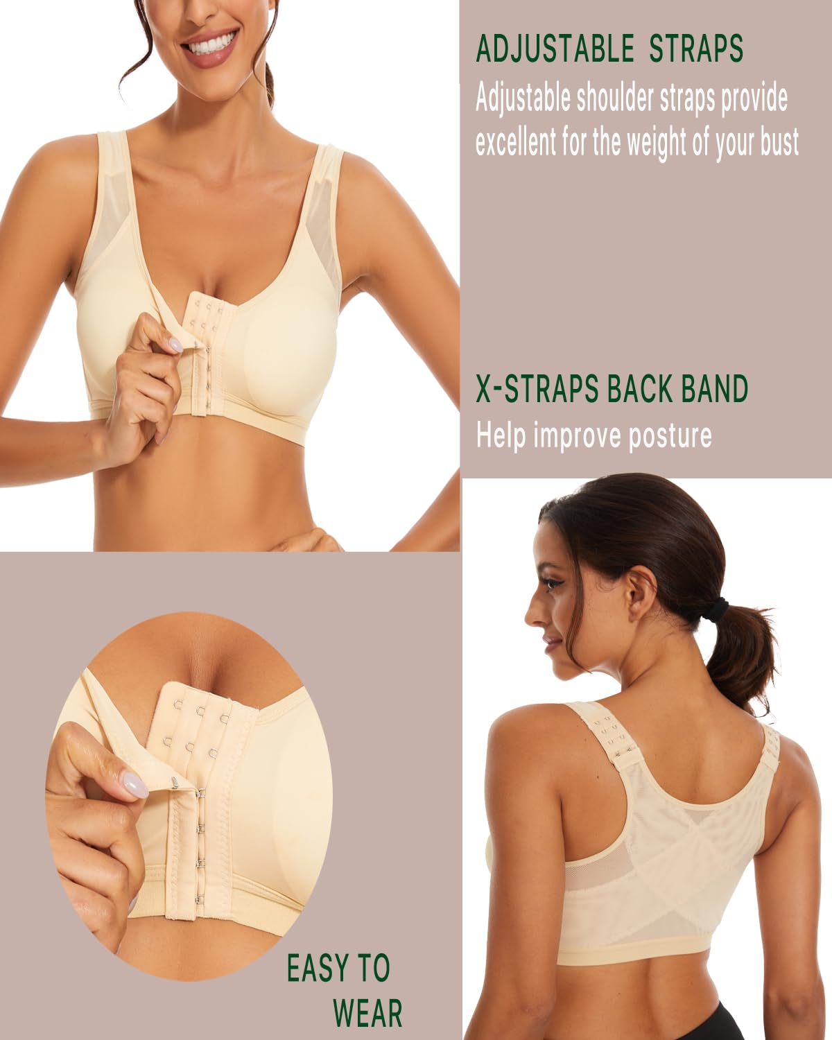 Wireless Front Closure Bras for Women - Posture Corrector & Back Support Shapewear - Seamless Smoothing Bra for Everyday Comfort & Active Lifestyles