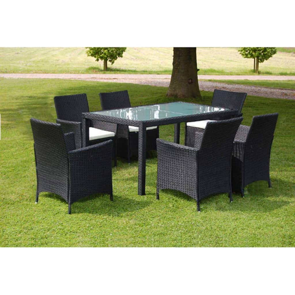 vidaXL 7-Piece Black Poly Rattan Patio Dining Set with Cushions & Aluminum Feet - Durable Outdoor Furniture for Garden, Backyard, Poolside Dining & Relaxation